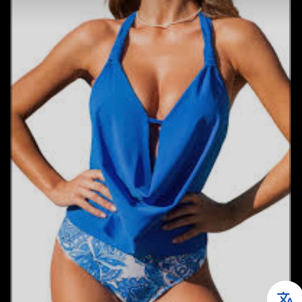 Cupshe Royal Blue Draped Halter Tankini Set